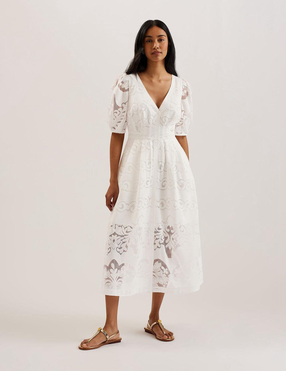 Ted Baker AGNEL - Lace Puff Sleeve Cotton Blend ミディドレス レディース 白 | Japan  HCJO-15437