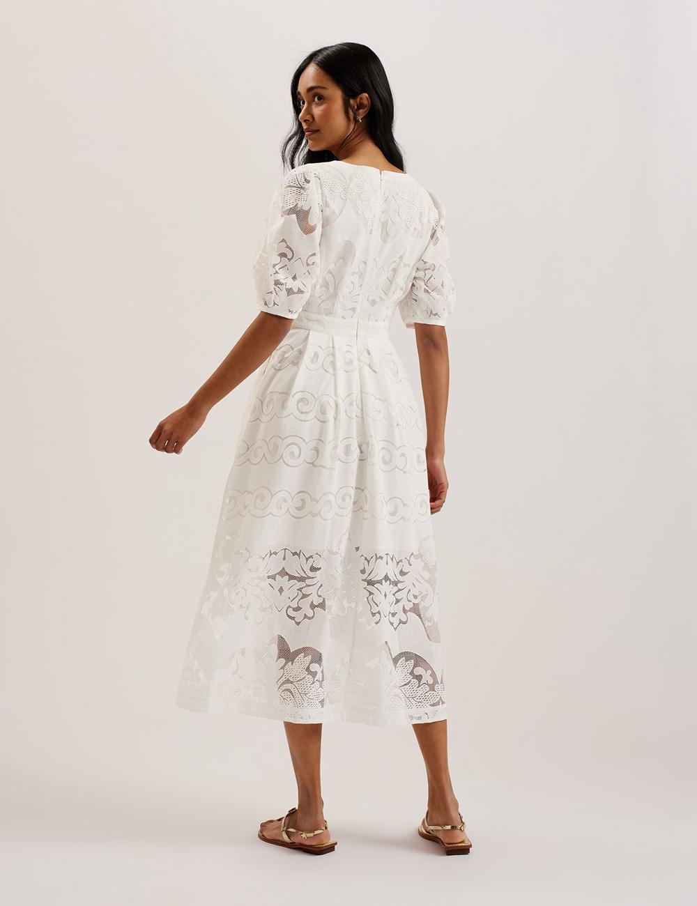 Ted Baker AGNEL - Lace Puff Sleeve Cotton Blend ミディドレス レディース 白 | Japan  HCJO-15437
