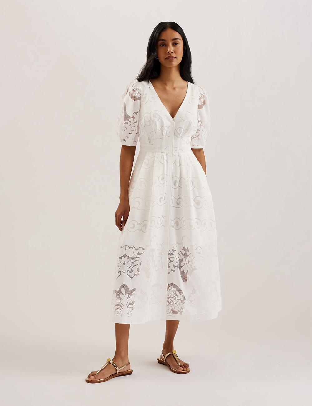 Ted Baker AGNEL - Lace Puff Sleeve Cotton Blend ミディドレス レディース 白 | Japan  HCJO-15437
