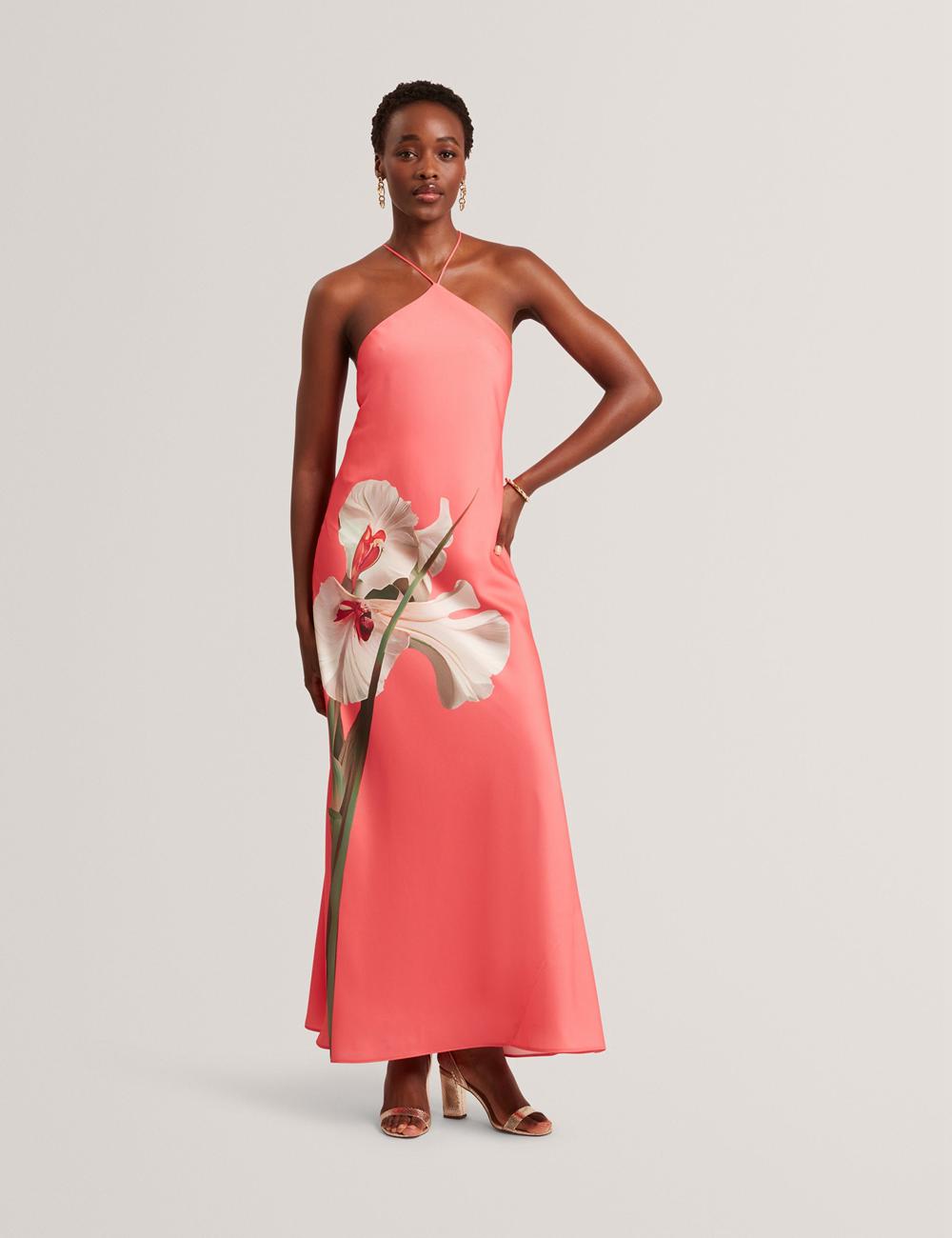 Ted Baker AJIMA - Floral Graphic Halter Neck Satin マキシドレス レディース コーラル 色 | Japan  DNPG-69173
