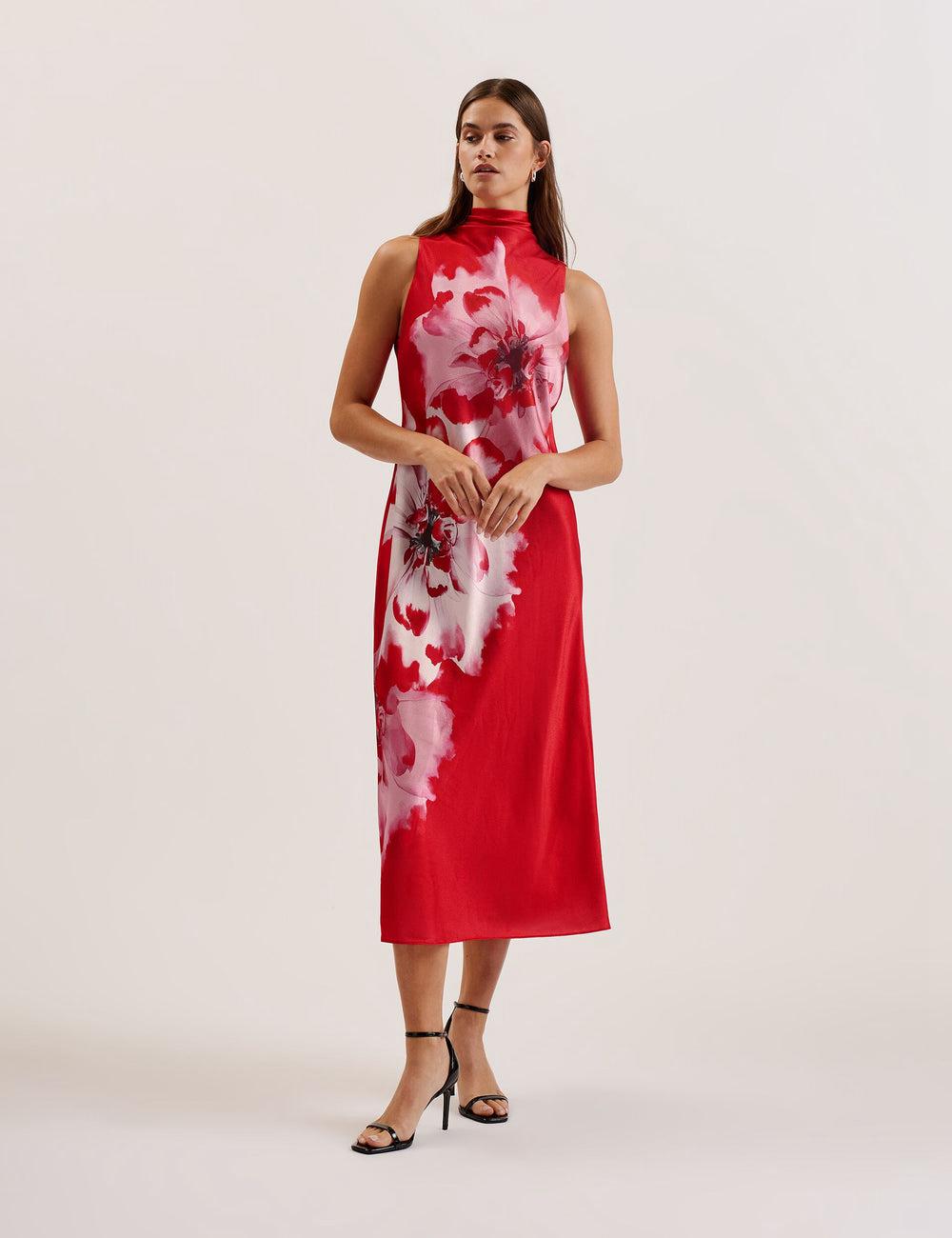 Ted Baker ALIARA - Floral Satin High Neck Sleeveless ミディドレス レディース 赤 | Japan  OUKM-89172