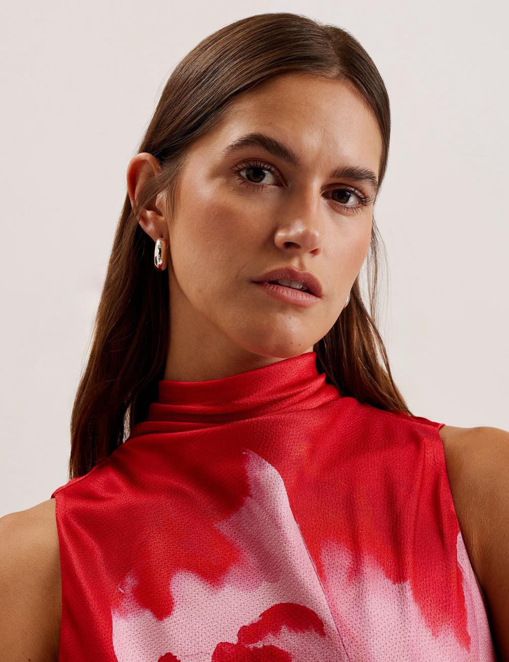 Ted Baker ALIARA - Floral Satin High Neck Sleeveless ミディドレス レディース 赤 | Japan  OUKM-89172