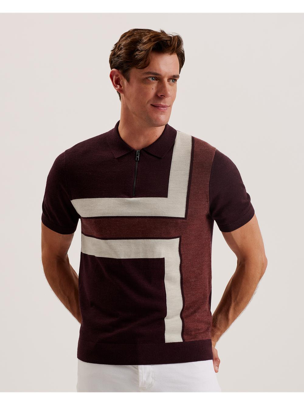 Ted Baker AMBLER - Colour Block Zip Neck Wool ポロシャツ メンズ ボルドー | Japan  AYSC-03269