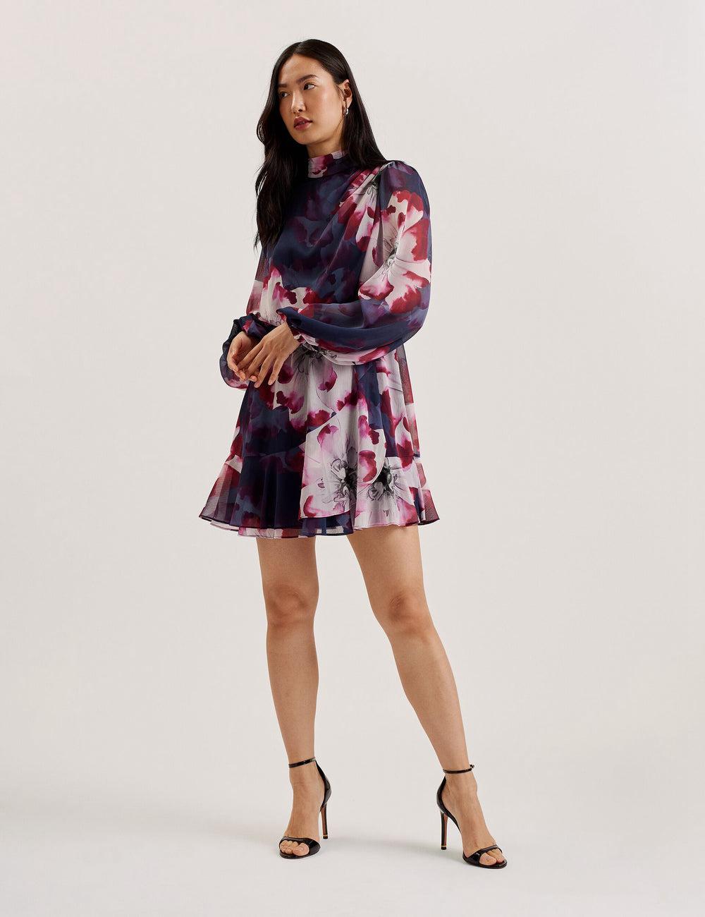 Ted Baker ARACELY - Floral High Neck Long Sleeve ミニドレス レディース ネイビー | Japan  BYRC-09628