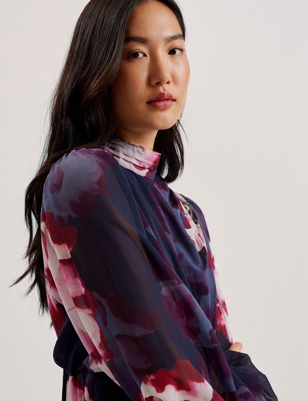 Ted Baker ARACELY - Floral High Neck Long Sleeve ミニドレス レディース ネイビー | Japan  BYRC-09628