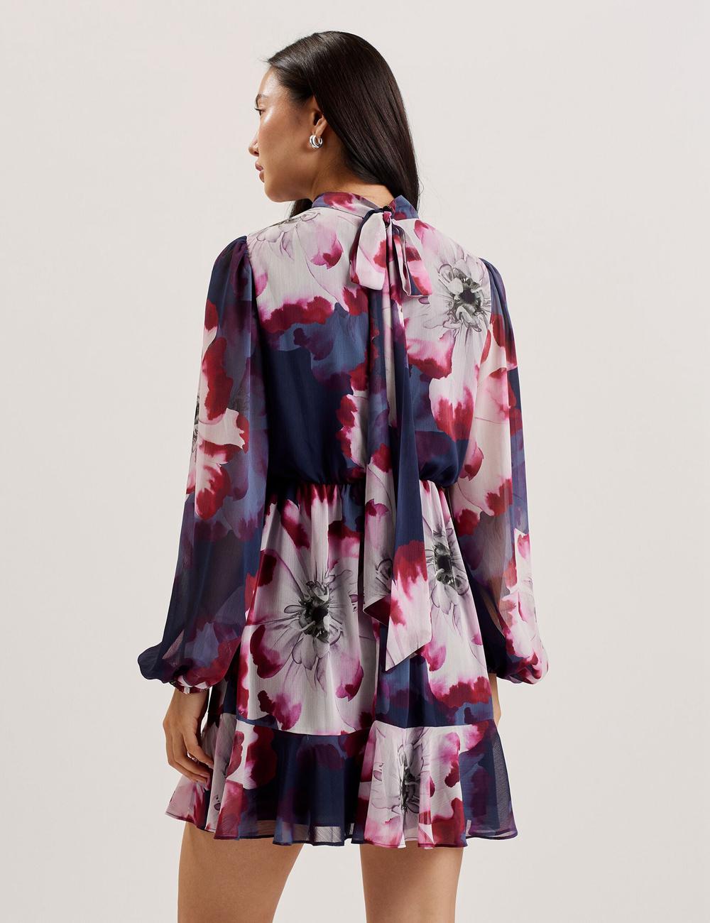 Ted Baker ARACELY - Floral High Neck Long Sleeve ミニドレス レディース ネイビー | Japan  BYRC-09628