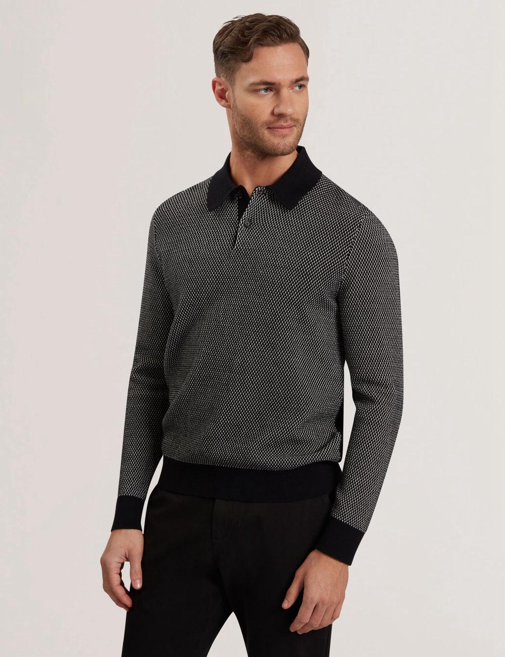 Ted Baker ARDO - Textured Knit Long Sleeve ポロシャツ メンズ 黒 | Japan  WCFA-65417