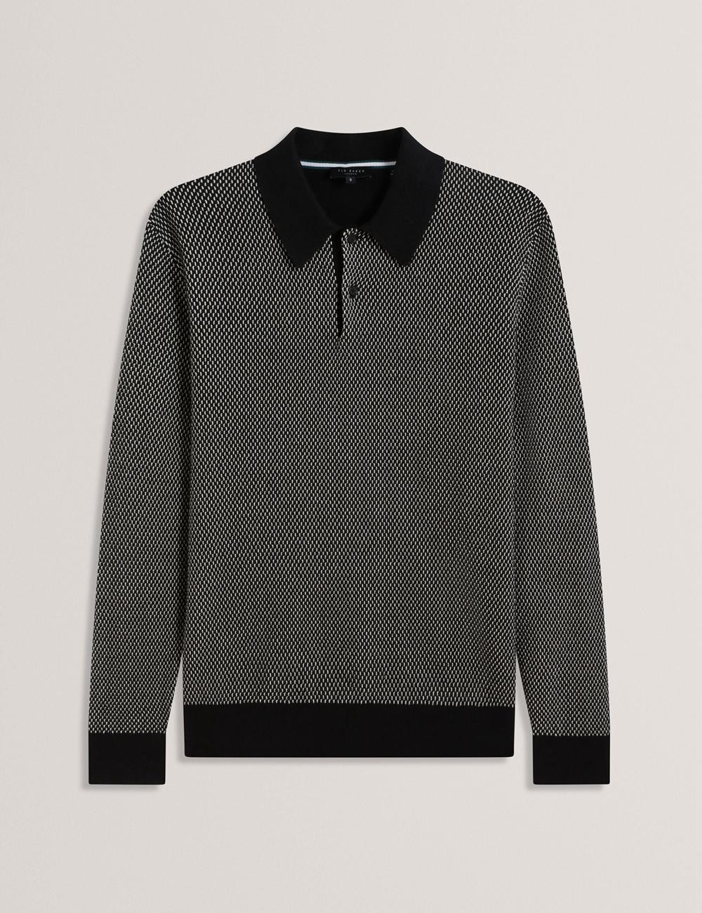 Ted Baker ARDO - Textured Knit Long Sleeve ポロシャツ メンズ 黒 | Japan  WCFA-65417