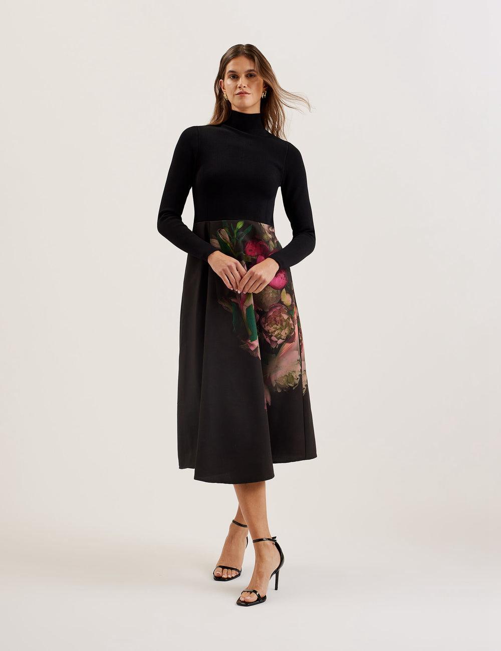 Ted Baker ASNES - Knit Bodice With Printed Skirt ミディドレス レディース 黒 | Japan  ZDJU-41926