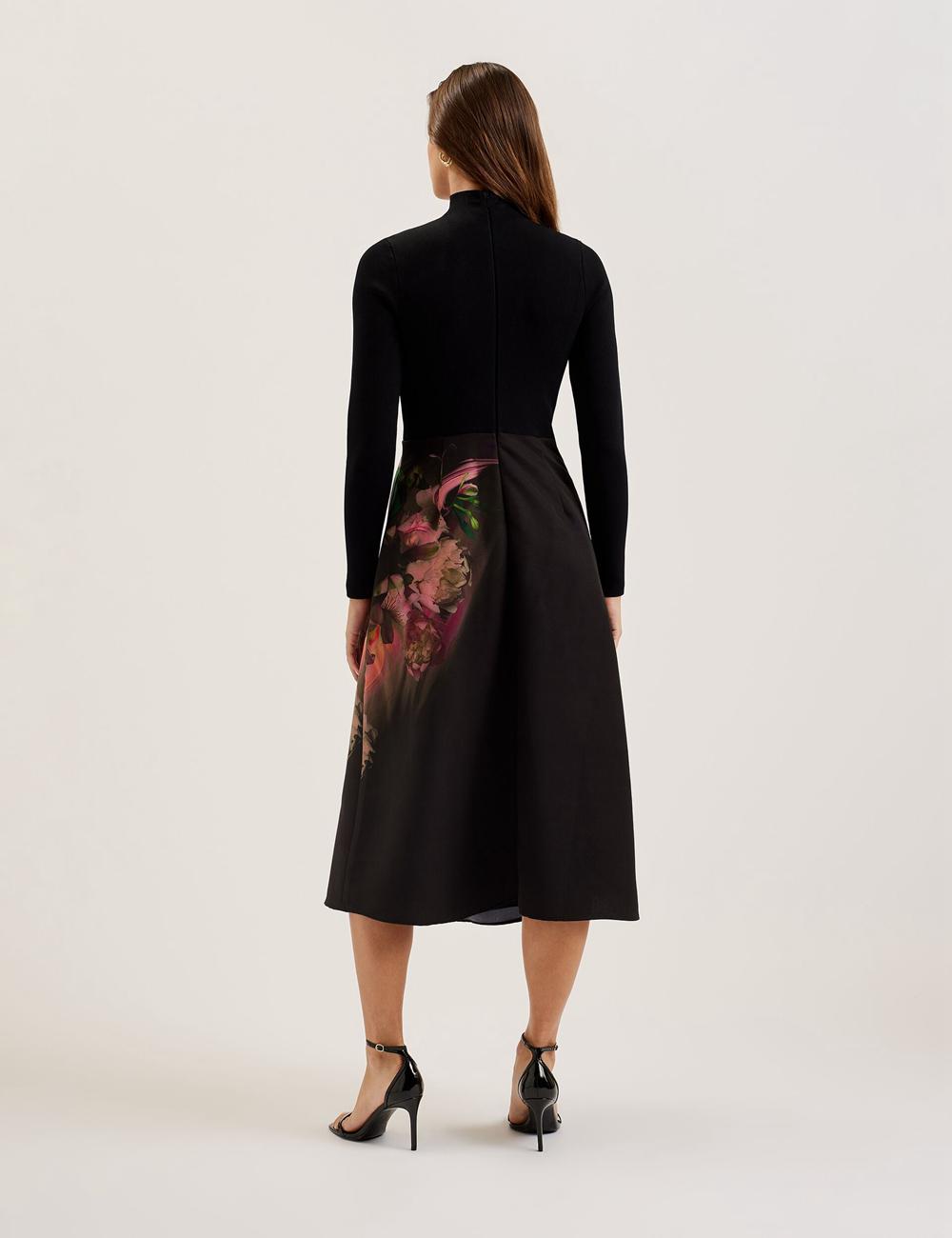 Ted Baker ASNES - Knit Bodice With Printed Skirt ミディドレス レディース 黒 | Japan  ZDJU-41926