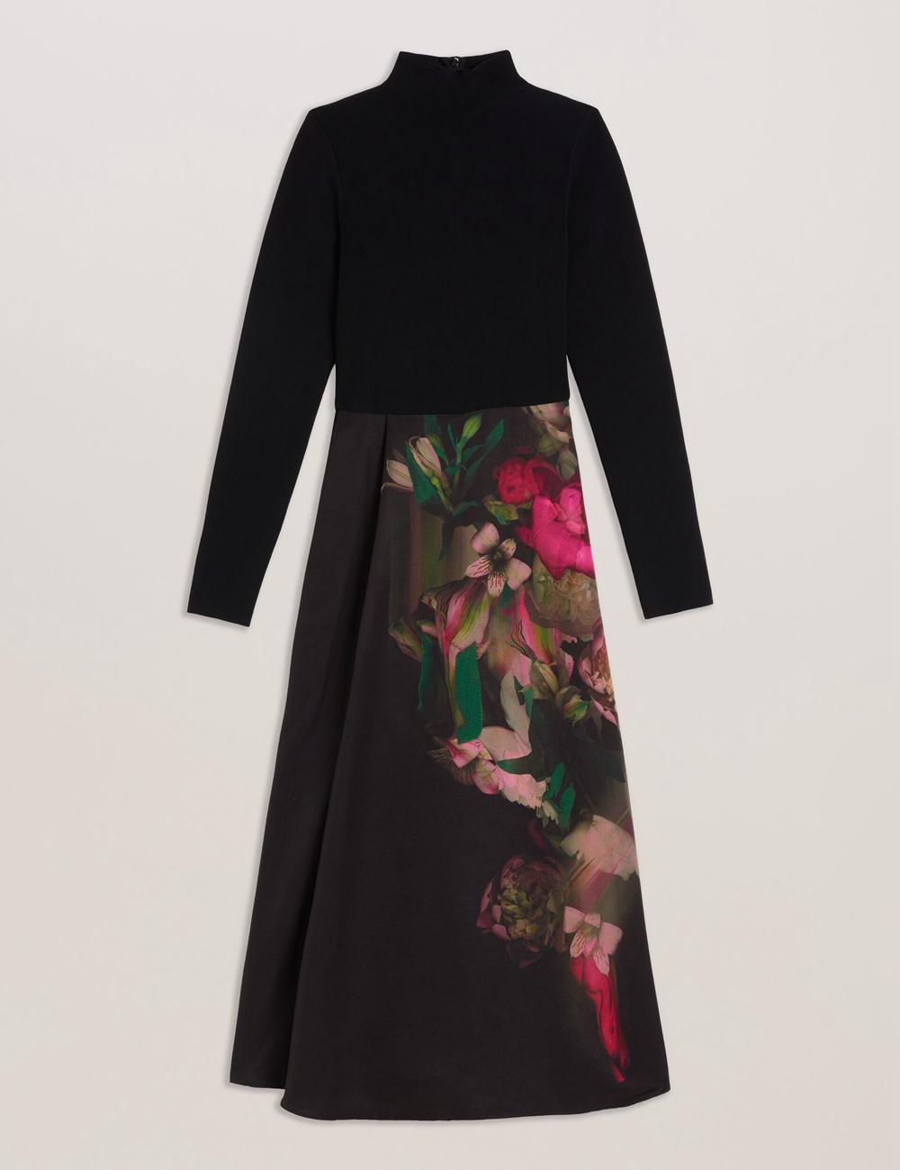 Ted Baker ASNES - Knit Bodice With Printed Skirt ミディドレス レディース 黒 | Japan  ZDJU-41926