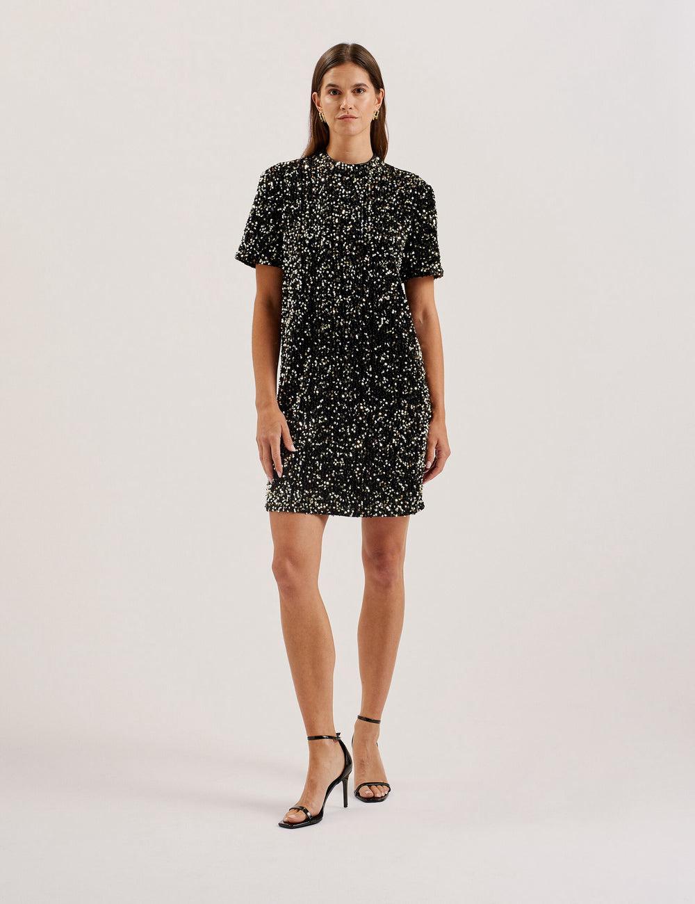 Ted Baker AUDRIYY - Sequin Embellished Velvet Shift ミニドレス レディース 黒 | Japan  UDSG-74851