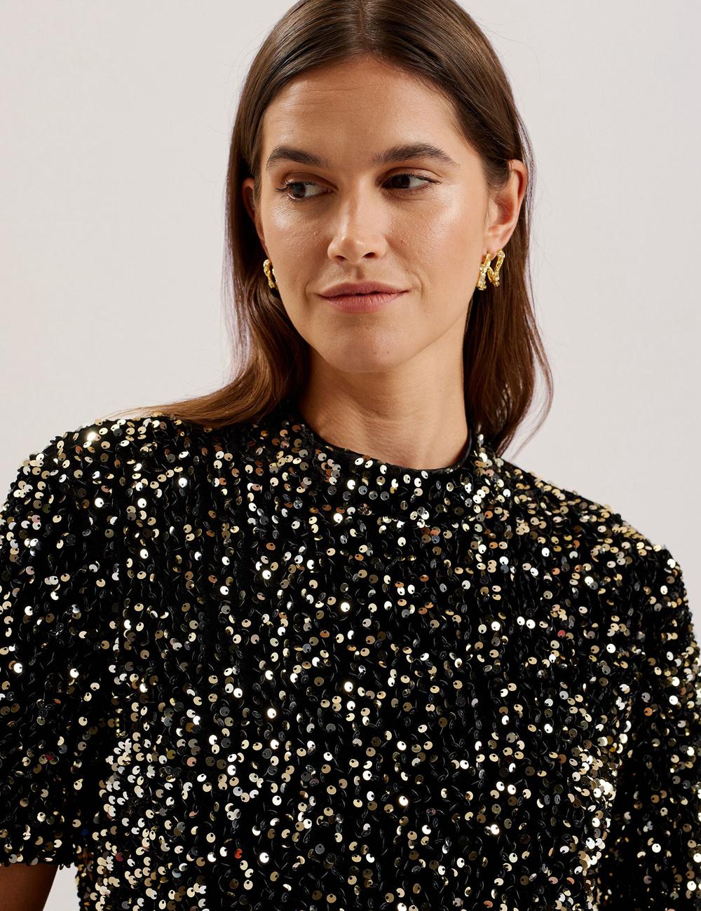 Ted Baker AUDRIYY - Sequin Embellished Velvet Shift ミニドレス レディース 黒 | Japan  UDSG-74851