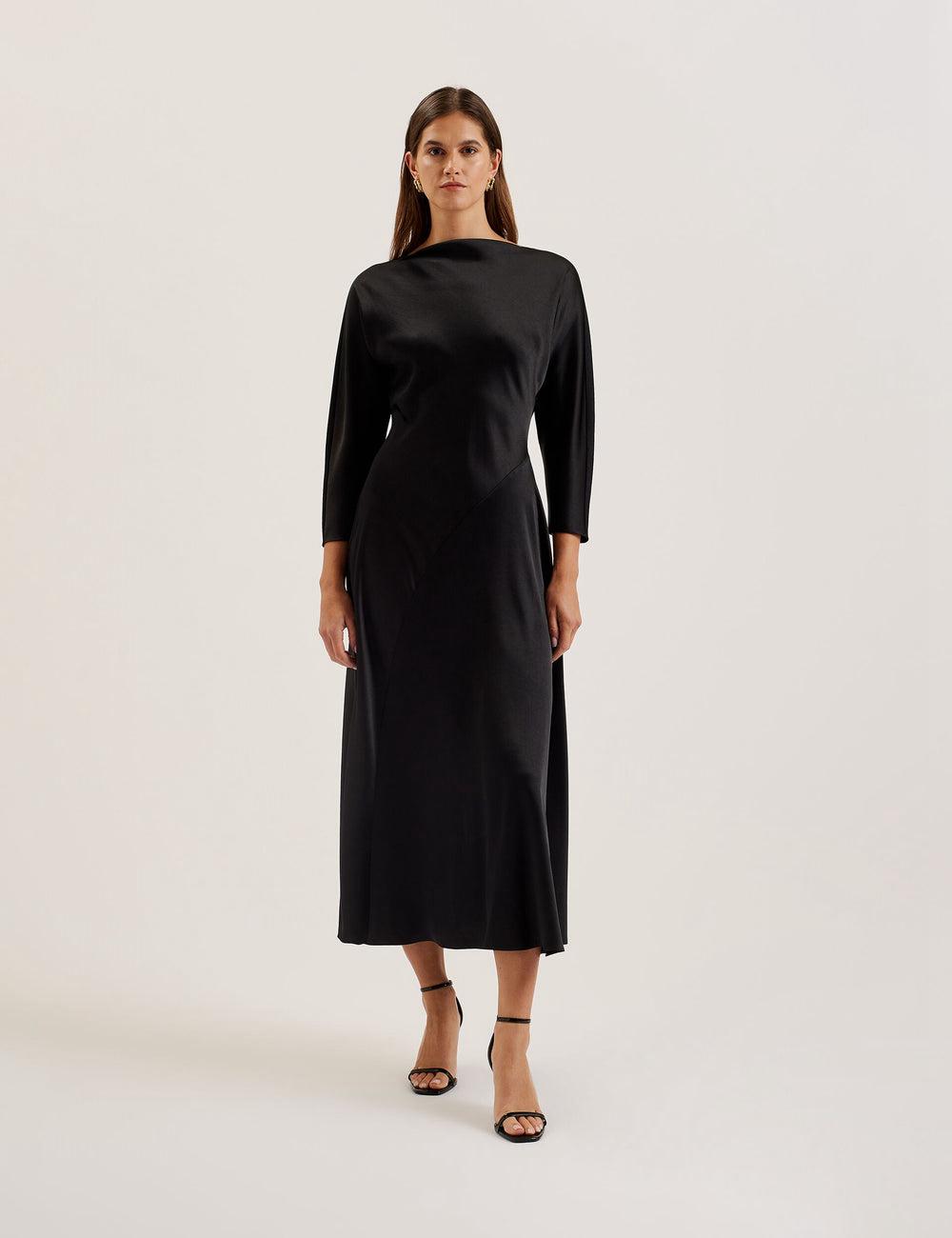 Ted Baker AVELLI - Satin Boat Neck A-Line ミディドレス レディース 黒 | Japan  PWSO-14739