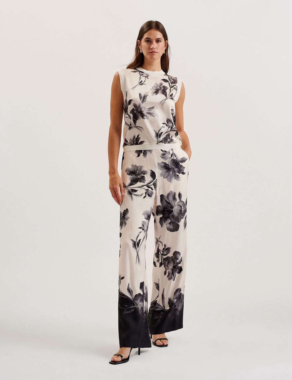 Ted Baker AWYNA - Floral Print Pull-On Wide Leg ズボン レディース 黒 | Japan  JQUH-09624