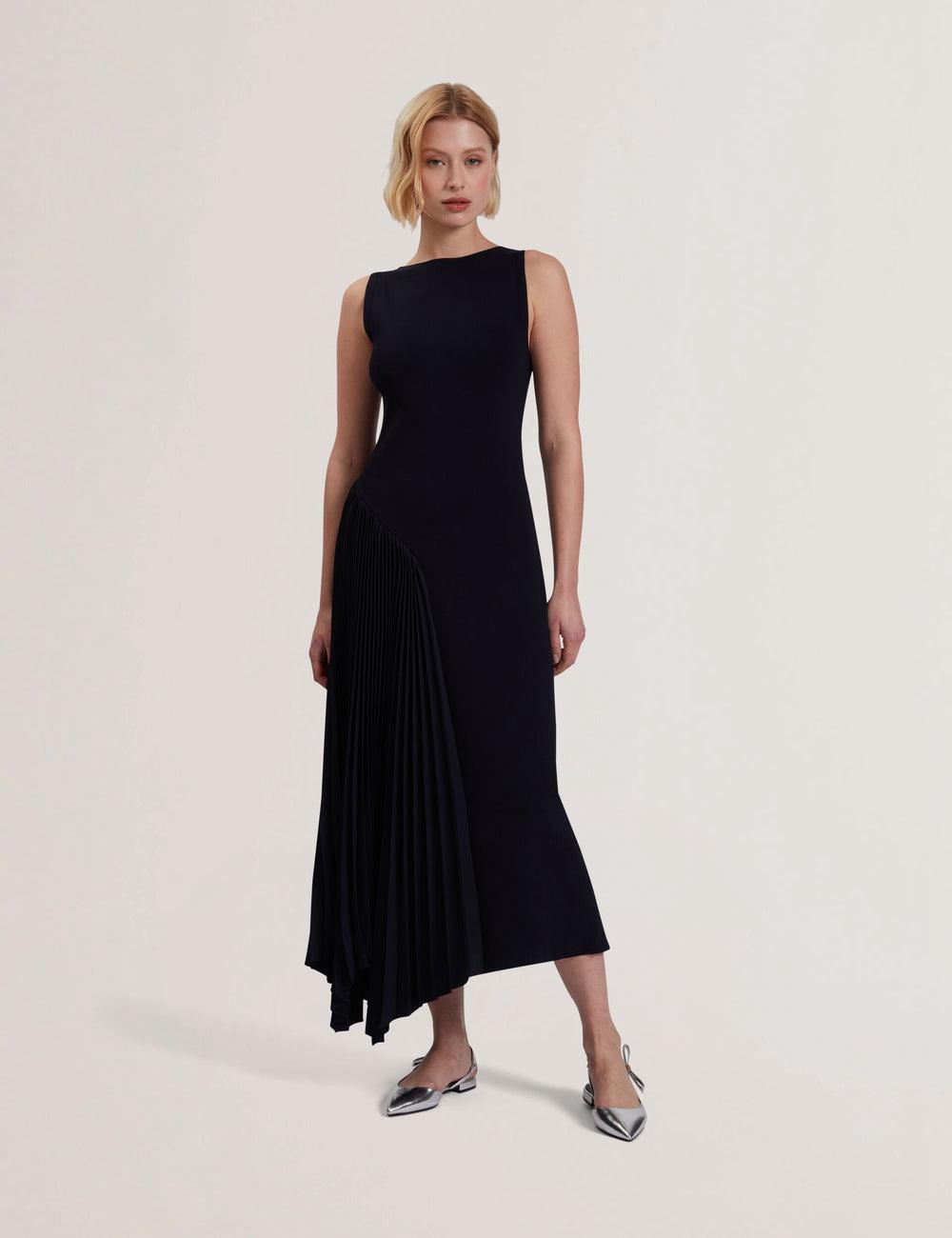 Ted Baker AZZINA - Pleated Panel Sleeveless Knitted ミディドレス レディース ネイビー | Japan  WHRB-12947