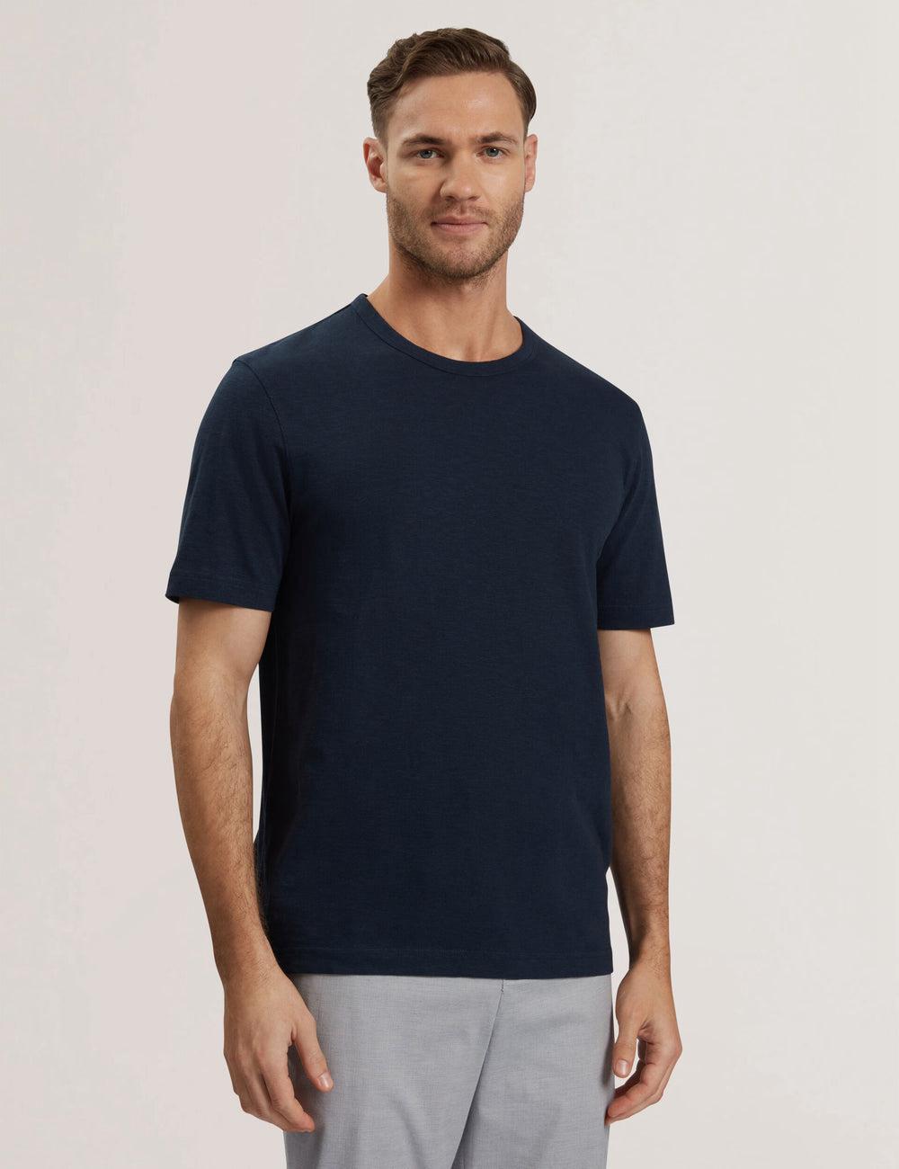 Ted Baker BARTOL - Regular Cotton Linen Crew Neck Tシャツ メンズ ネイビー | Japan  MZHI-63714