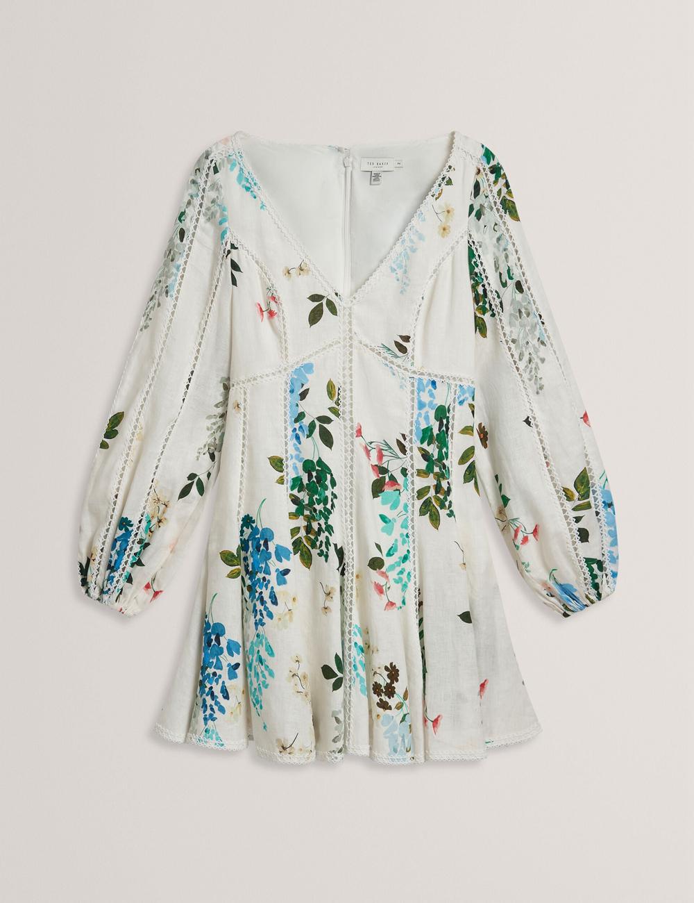 Ted Baker BELVIDA - Floral Crochet Trim Linen ミニドレス レディース 白 | Japan  XAYR-39754