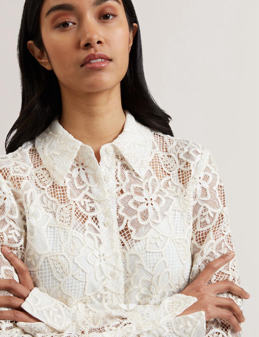 Ted Baker BLOND - Floral Lace Longline Cotton Shirt トップス レディース Ivory | Japan  VJQH-93401