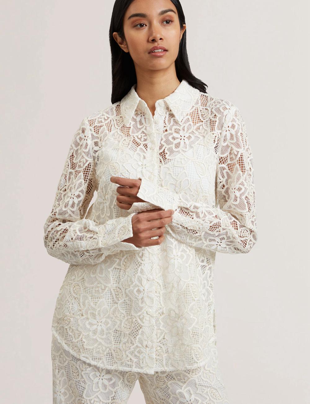 Ted Baker BLOND - Floral Lace Longline Cotton Shirt トップス レディース Ivory | Japan  VJQH-93401