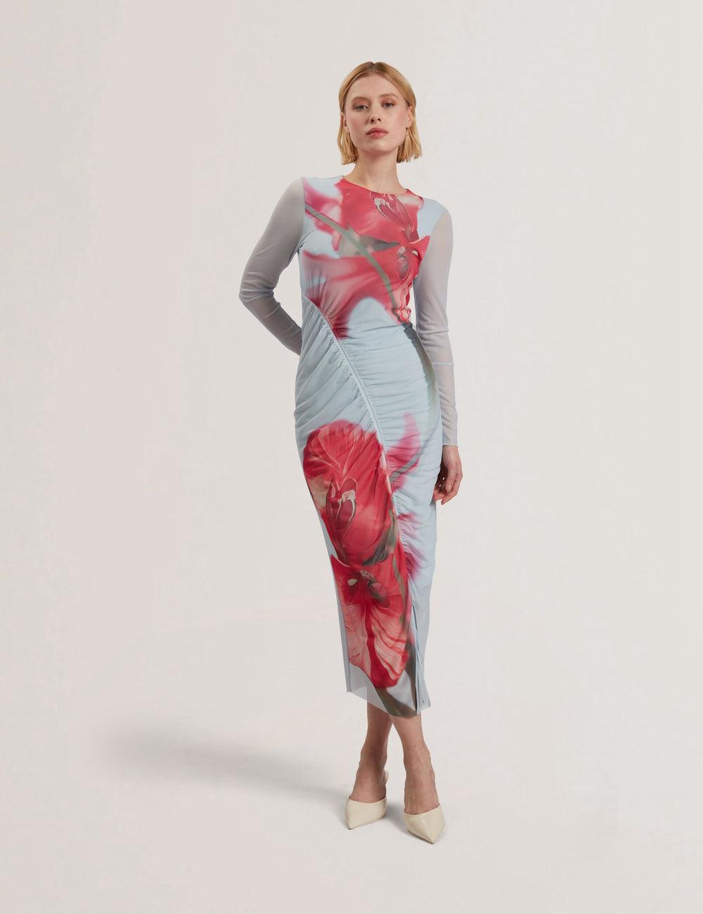 Ted Baker BOXNINE - Printed Mesh Gathering Bodycon ミディドレス レディース 青 | Japan  QRCZ-60318