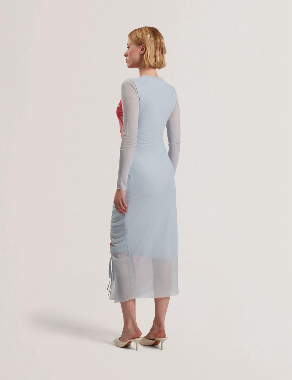 Ted Baker BOXNINE - Printed Mesh Gathering Bodycon ミディドレス レディース 青 | Japan  QRCZ-60318