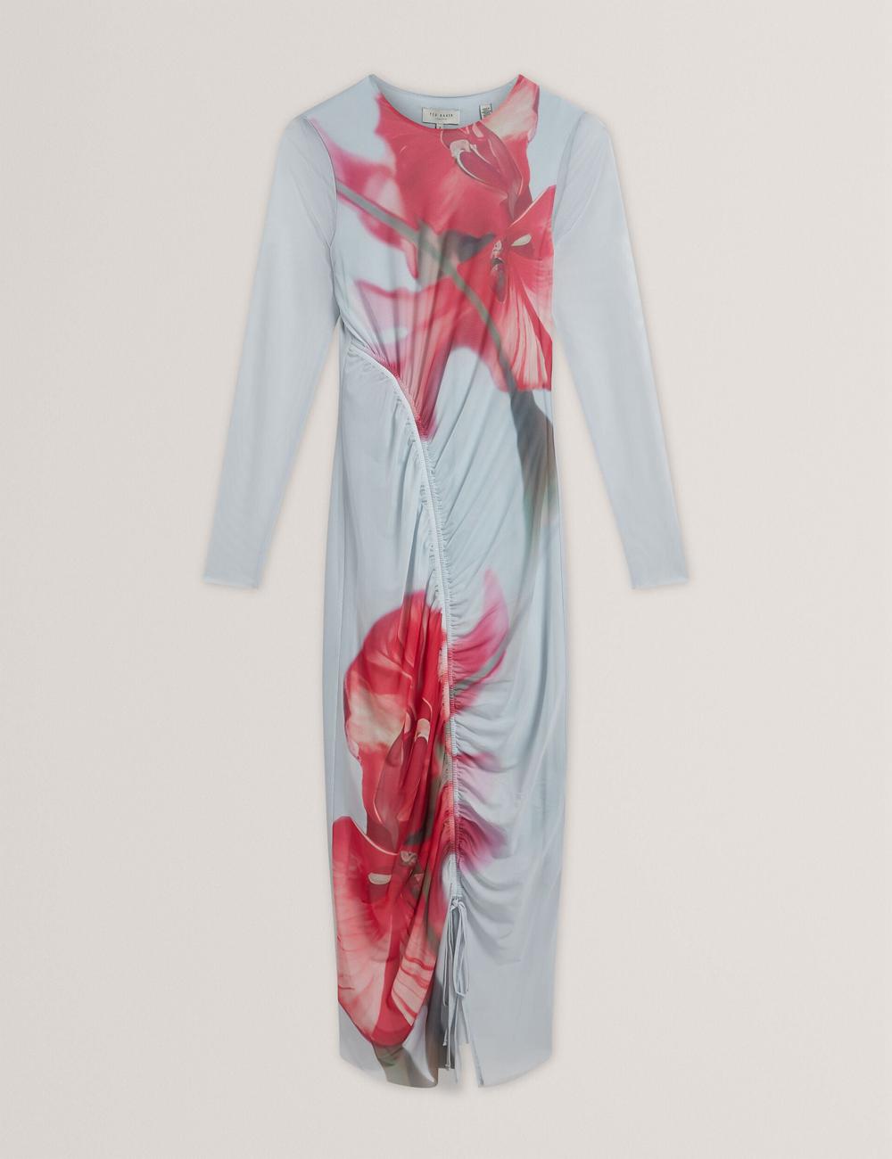 Ted Baker BOXNINE - Printed Mesh Gathering Bodycon ミディドレス レディース 青 | Japan  QRCZ-60318