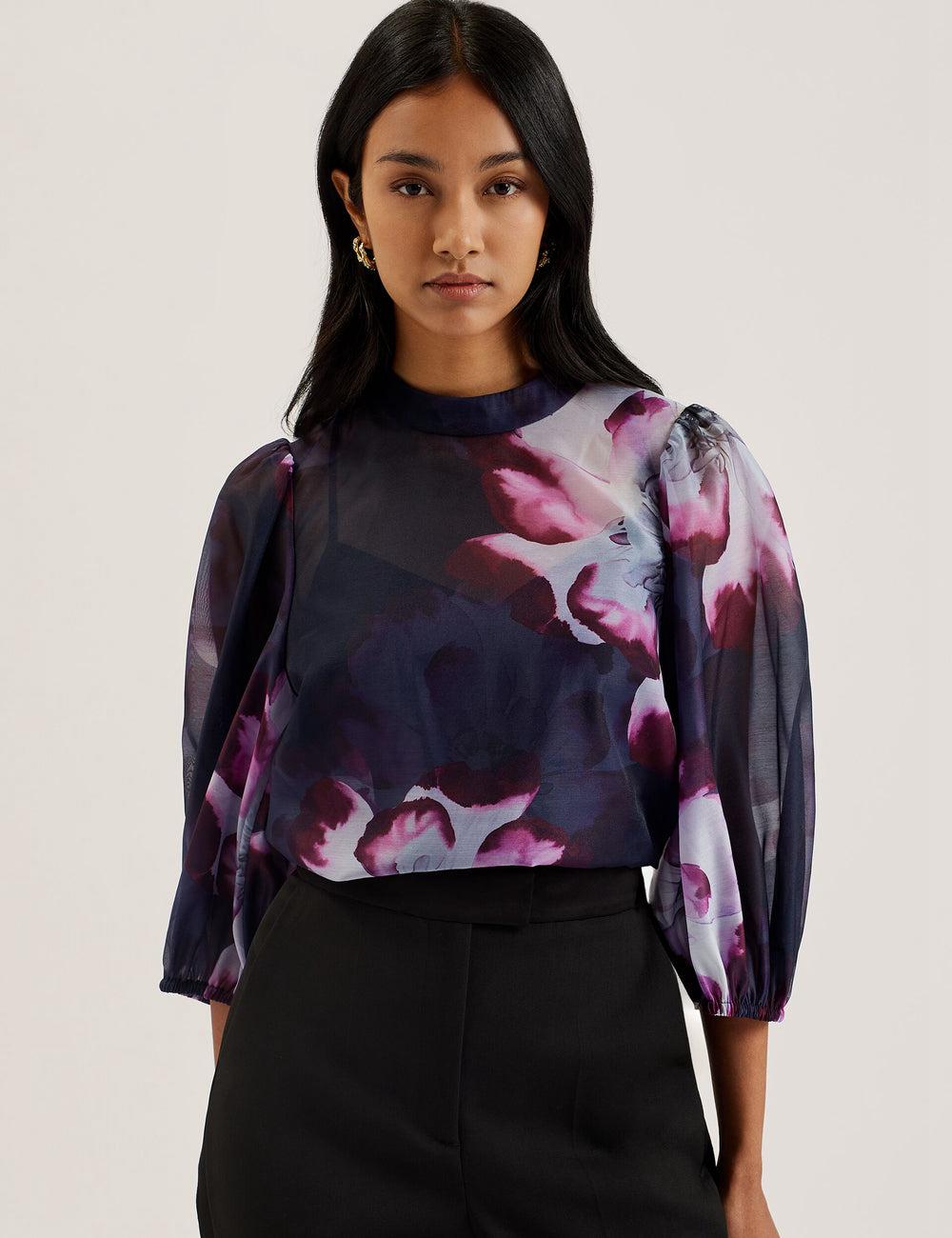 Ted Baker CATALO - Floral Print Balloon Sleeve Organza Top ブラウス レディース ネイビー | Japan  IDFN-92156