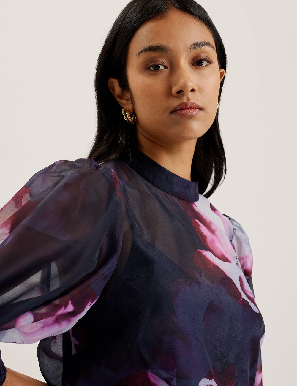 Ted Baker CATALO - Floral Print Balloon Sleeve Organza Top ブラウス レディース ネイビー | Japan  IDFN-92156