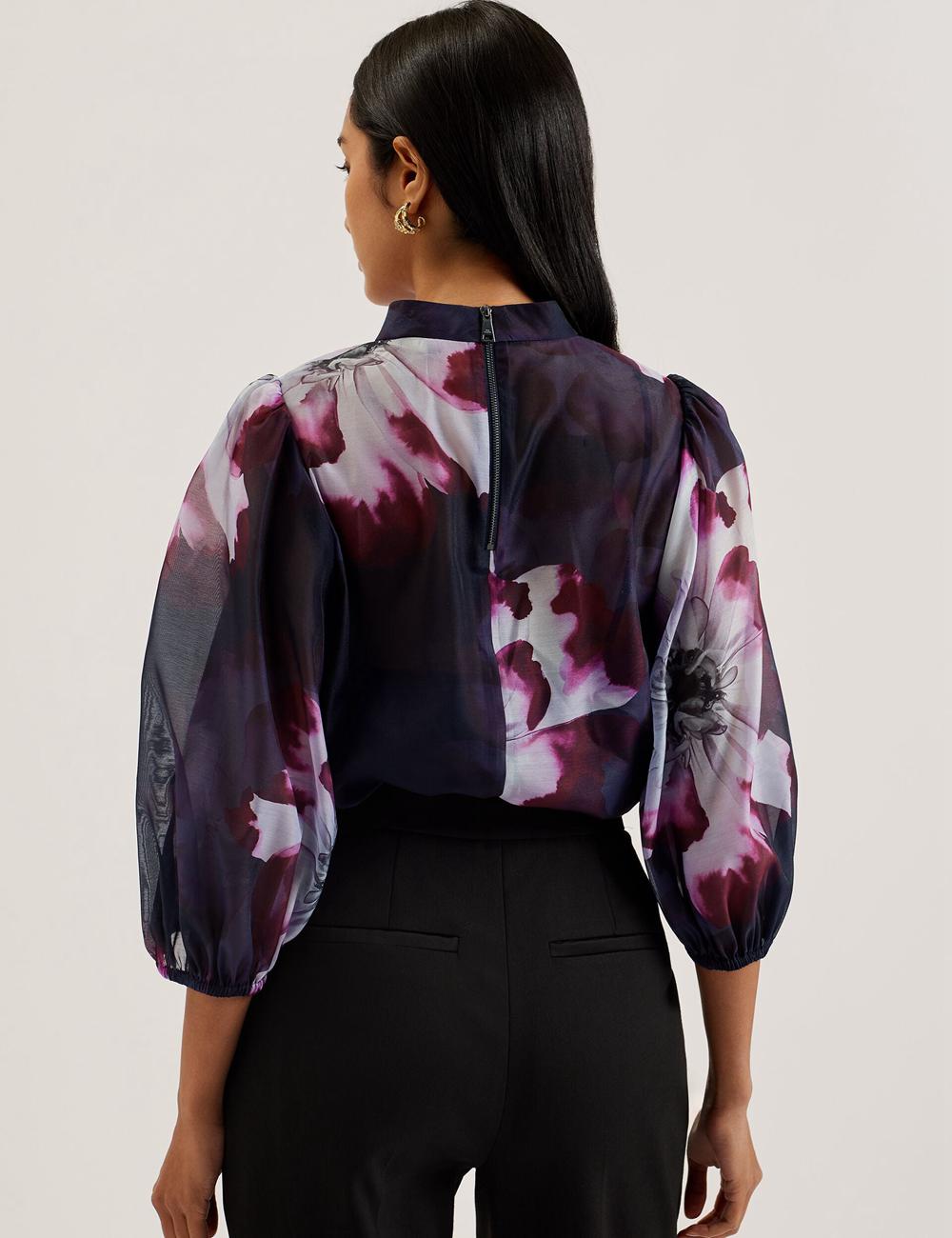Ted Baker CATALO - Floral Print Balloon Sleeve Organza Top ブラウス レディース ネイビー | Japan  IDFN-92156