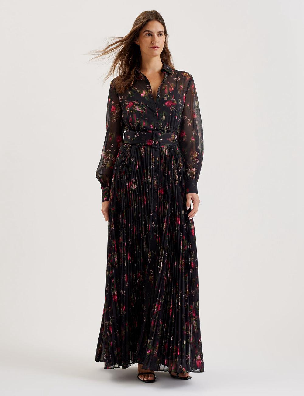 Ted Baker CEIBA - Floral Print Pleated Maxi Shirt マキシドレス レディース 黒 | Japan  KZXS-08615