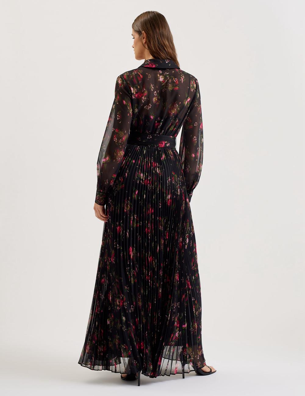 Ted Baker CEIBA - Floral Print Pleated Maxi Shirt マキシドレス レディース 黒 | Japan  KZXS-08615