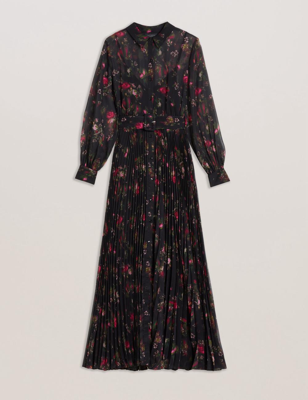 Ted Baker CEIBA - Floral Print Pleated Maxi Shirt マキシドレス レディース 黒 | Japan  KZXS-08615