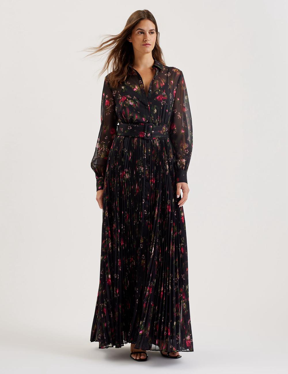 Ted Baker CEIBA - Floral Print Pleated Maxi Shirt マキシドレス レディース 黒 | Japan  KZXS-08615