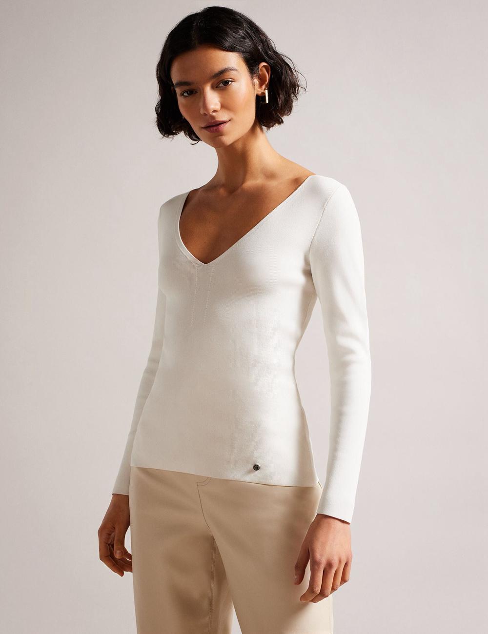 Ted Baker CILESTE - Fitted V-Neck Long Sleeve Knit Top ジャンパー レディース Ivory | Japan  QAIT-41953