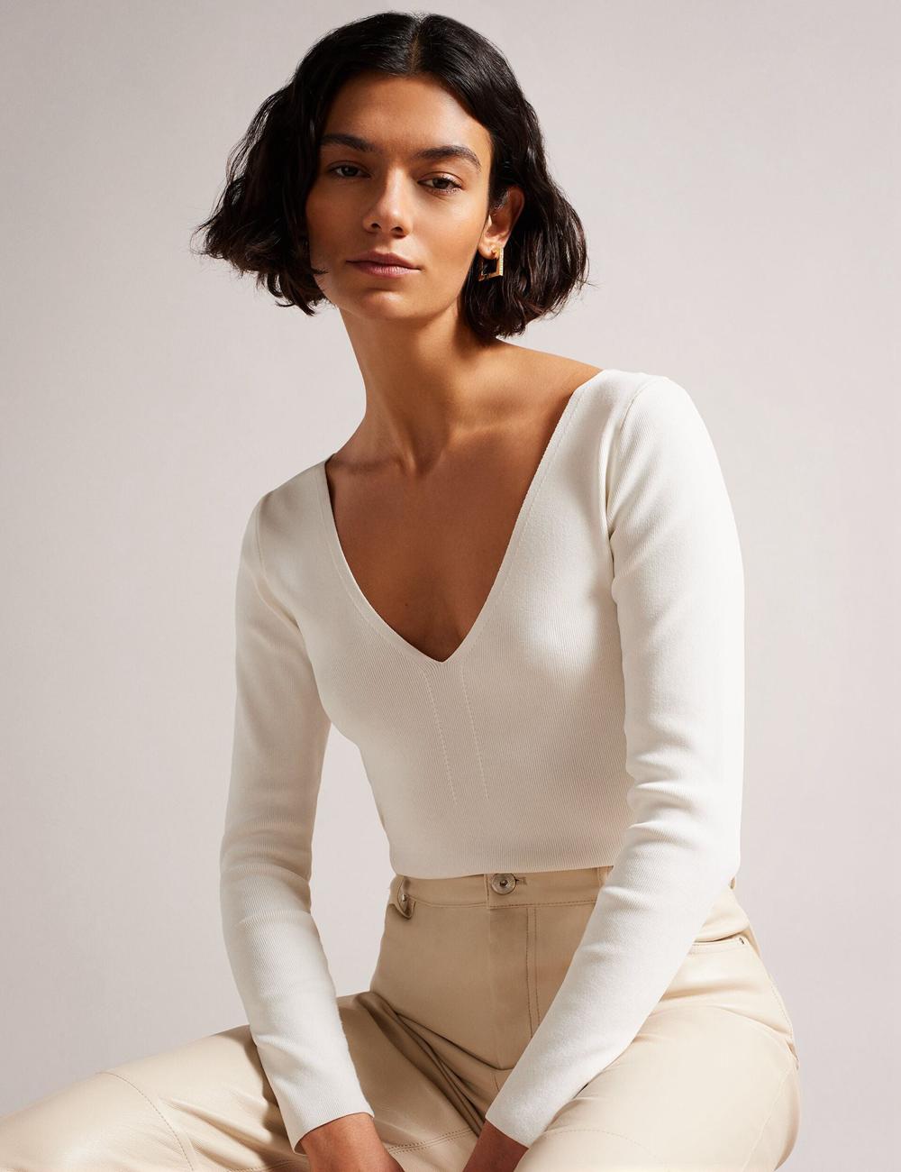 Ted Baker CILESTE - Fitted V-Neck Long Sleeve Knit Top ジャンパー レディース Ivory | Japan  QAIT-41953