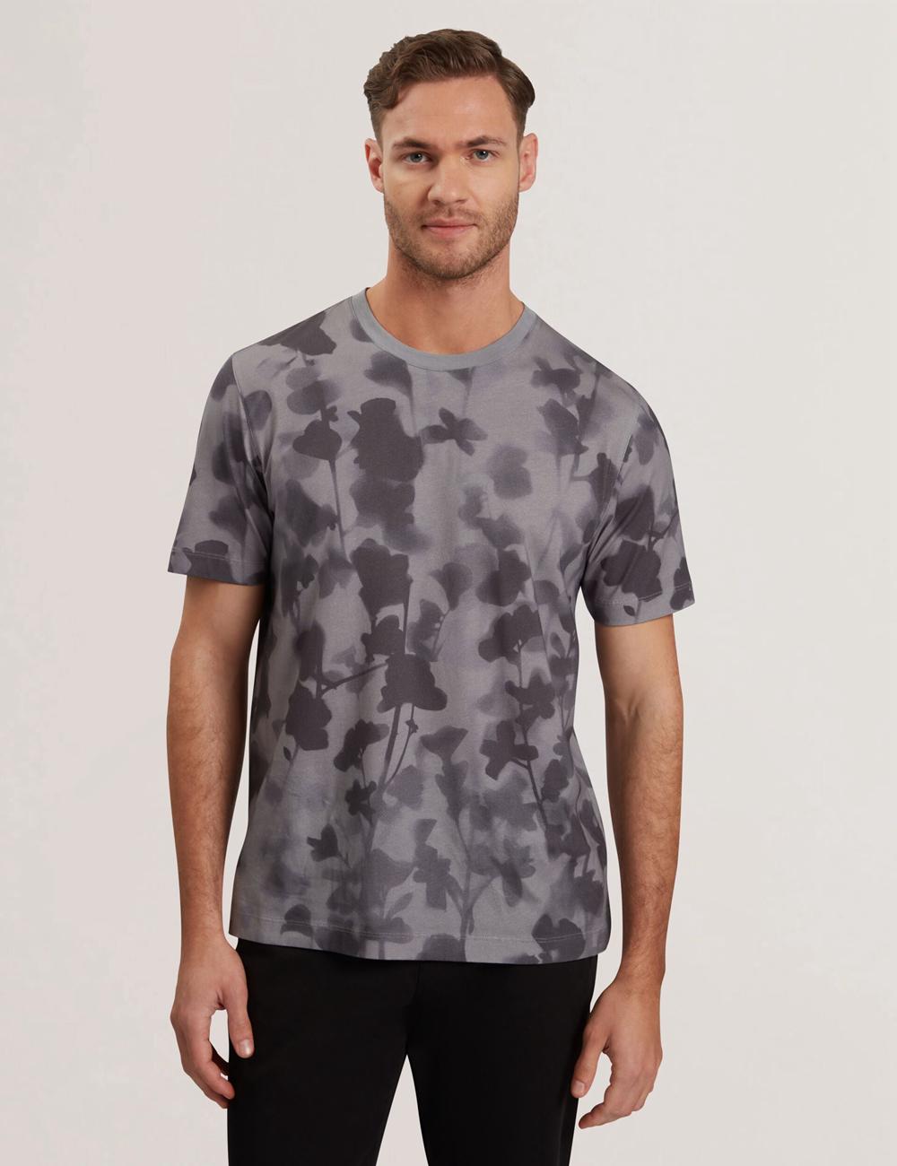 Ted Baker DENNISS - Monochrome Floral Print Cotton Tシャツ メンズ グレー | Japan  KPNJ-63472