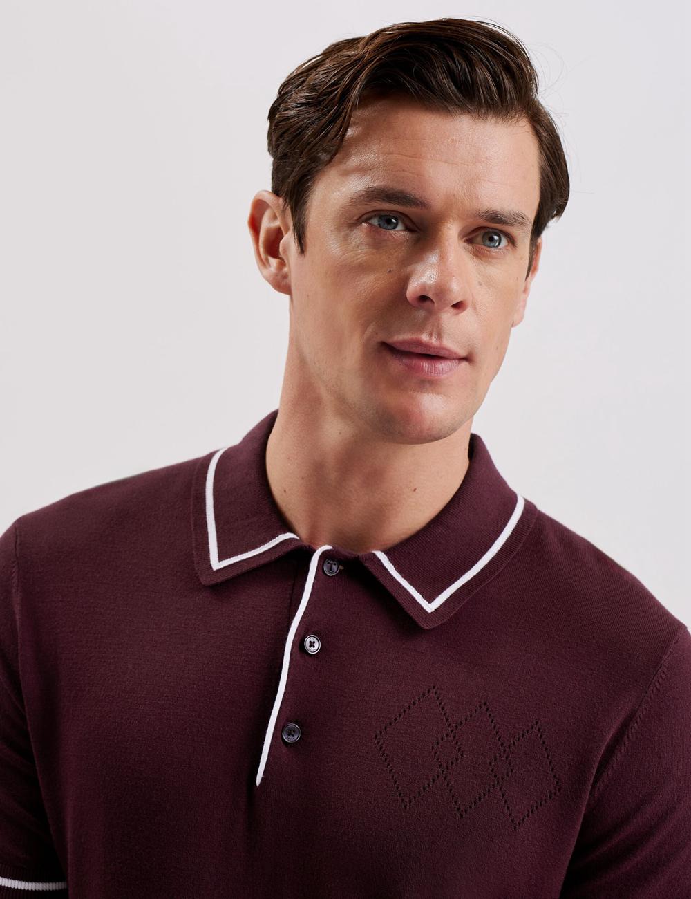 Ted Baker DUNOW - Pointelle Detail Striped Trim ポロシャツ メンズ ボルドー | Japan  TFJS-97340