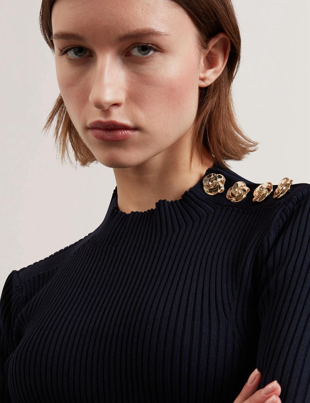 Ted Baker EELIIA - Ribbed Knit Short Sleeve With Rose Buttons トップス レディース ネイビー | Japan  TJVQ-38642