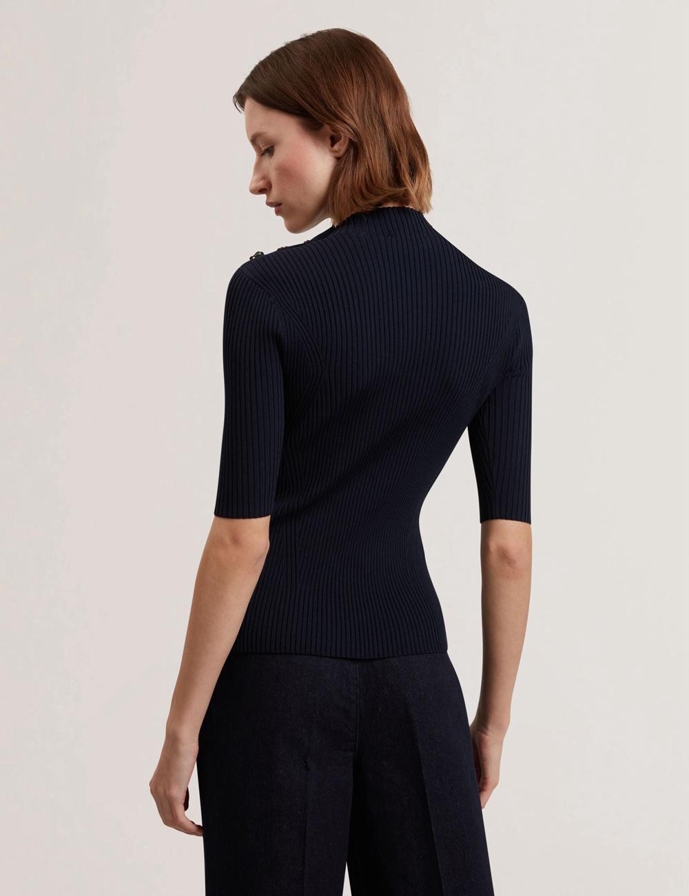 Ted Baker EELIIA - Ribbed Knit Short Sleeve With Rose Buttons トップス レディース ネイビー | Japan  TJVQ-38642