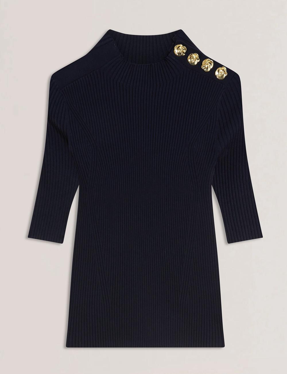 Ted Baker EELIIA - Ribbed Knit Short Sleeve With Rose Buttons トップス レディース ネイビー | Japan  TJVQ-38642