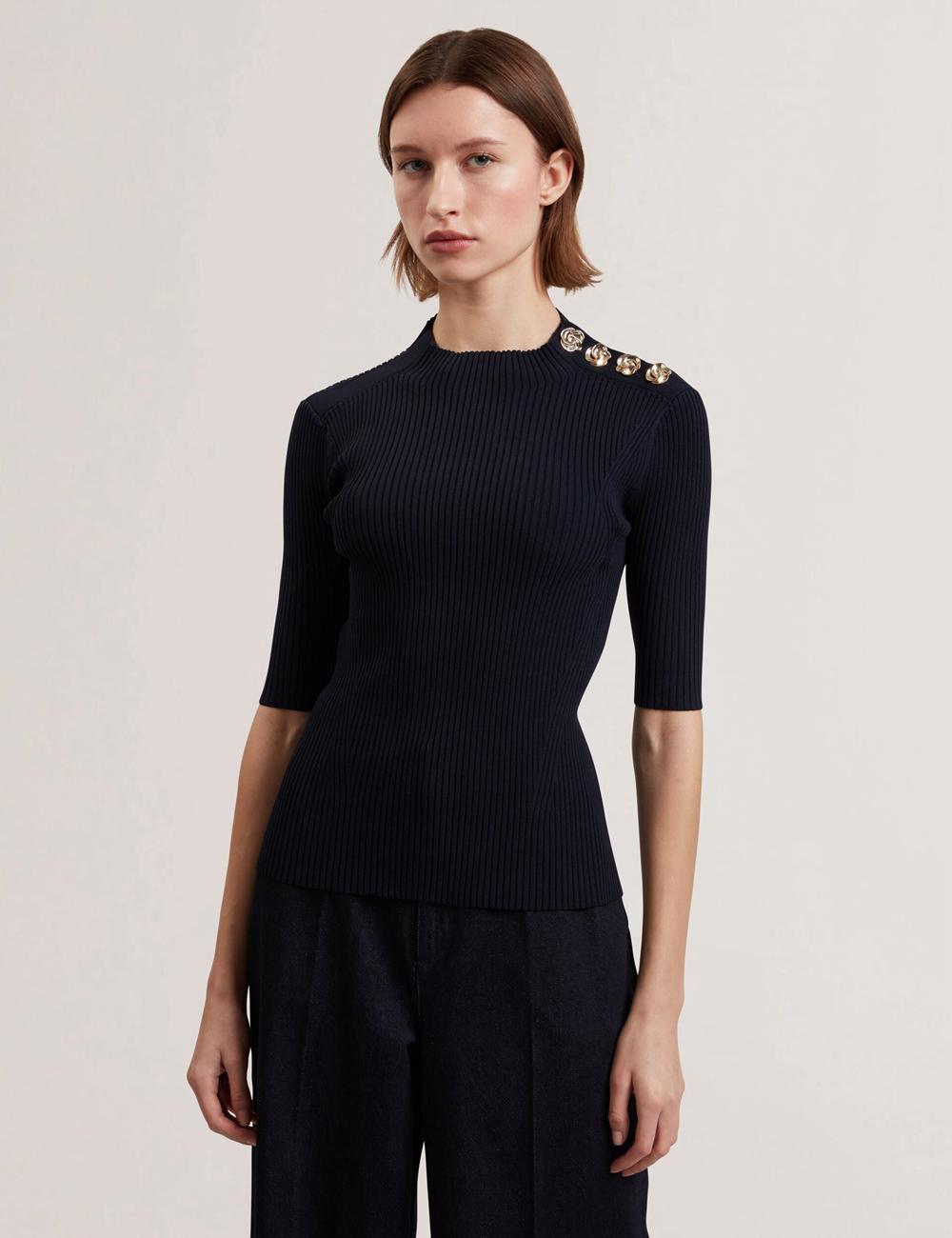 Ted Baker EELIIA - Ribbed Knit Short Sleeve With Rose Buttons トップス レディース ネイビー | Japan  TJVQ-38642