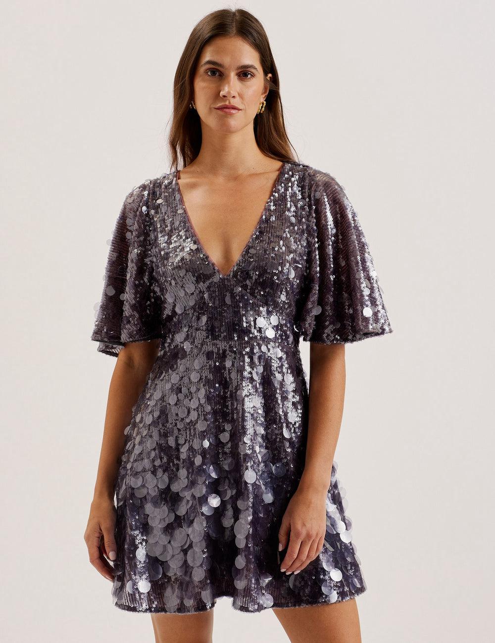Ted Baker ELISONA - Sequin V-Neck Cape Sleeve ミニドレス レディース グレー | Japan  EVMW-43627
