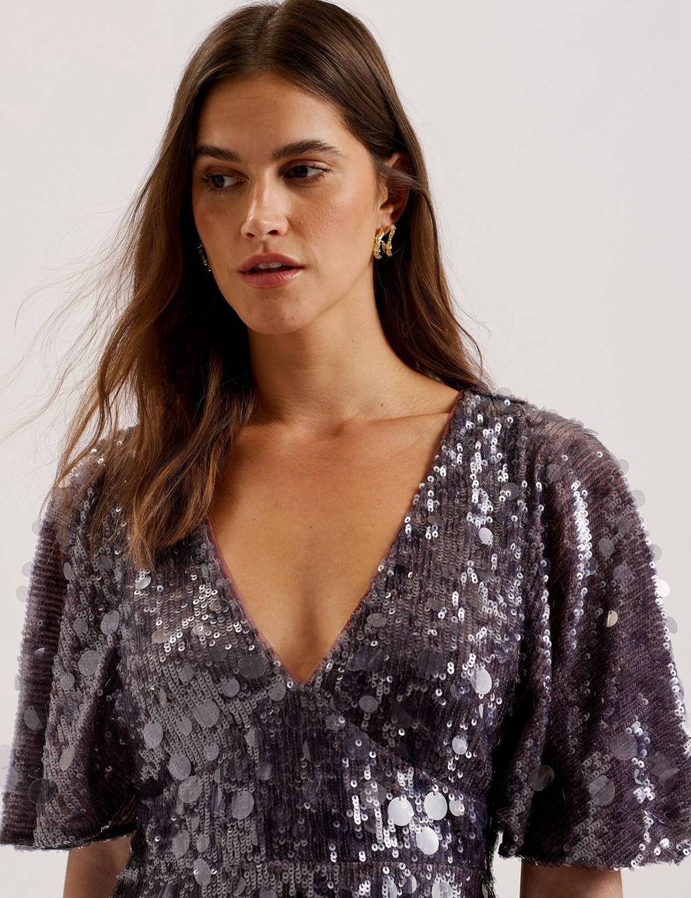Ted Baker ELISONA - Sequin V-Neck Cape Sleeve ミニドレス レディース グレー | Japan  EVMW-43627