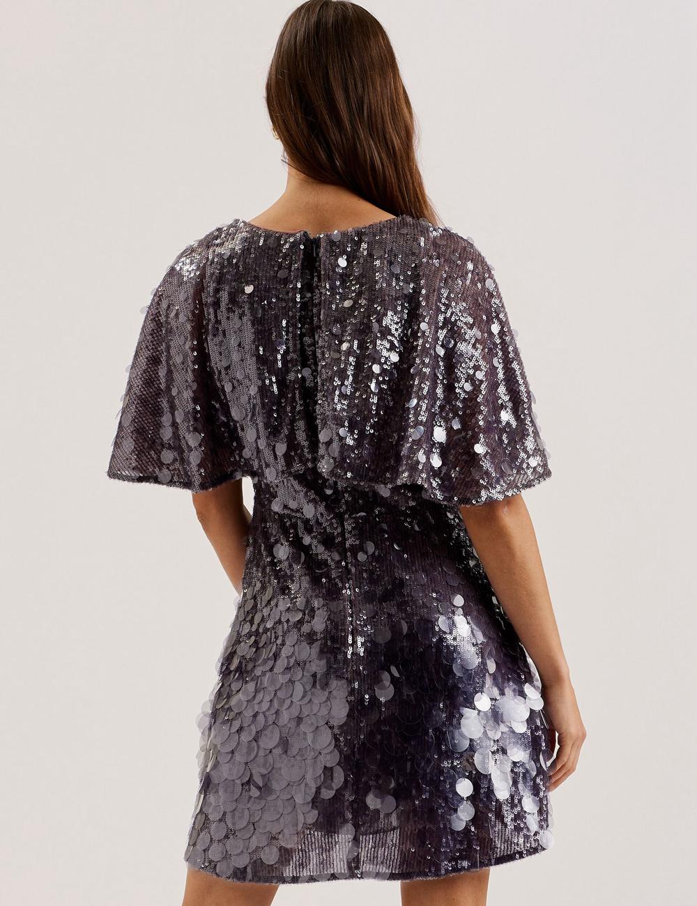 Ted Baker ELISONA - Sequin V-Neck Cape Sleeve ミニドレス レディース グレー | Japan  EVMW-43627