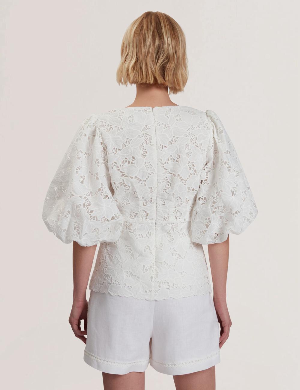 Ted Baker ELLARI - Lace Puff Sleeve V-Neck Peplum トップス レディース 白 | Japan  IQJP-85310