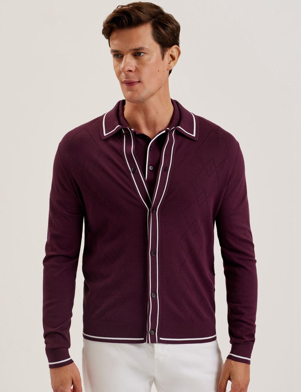 Ted Baker ELMDON - Pointelle Diamond Knitted Long Sleeve シャツ メンズ ボルドー | Japan  ZHND-29301