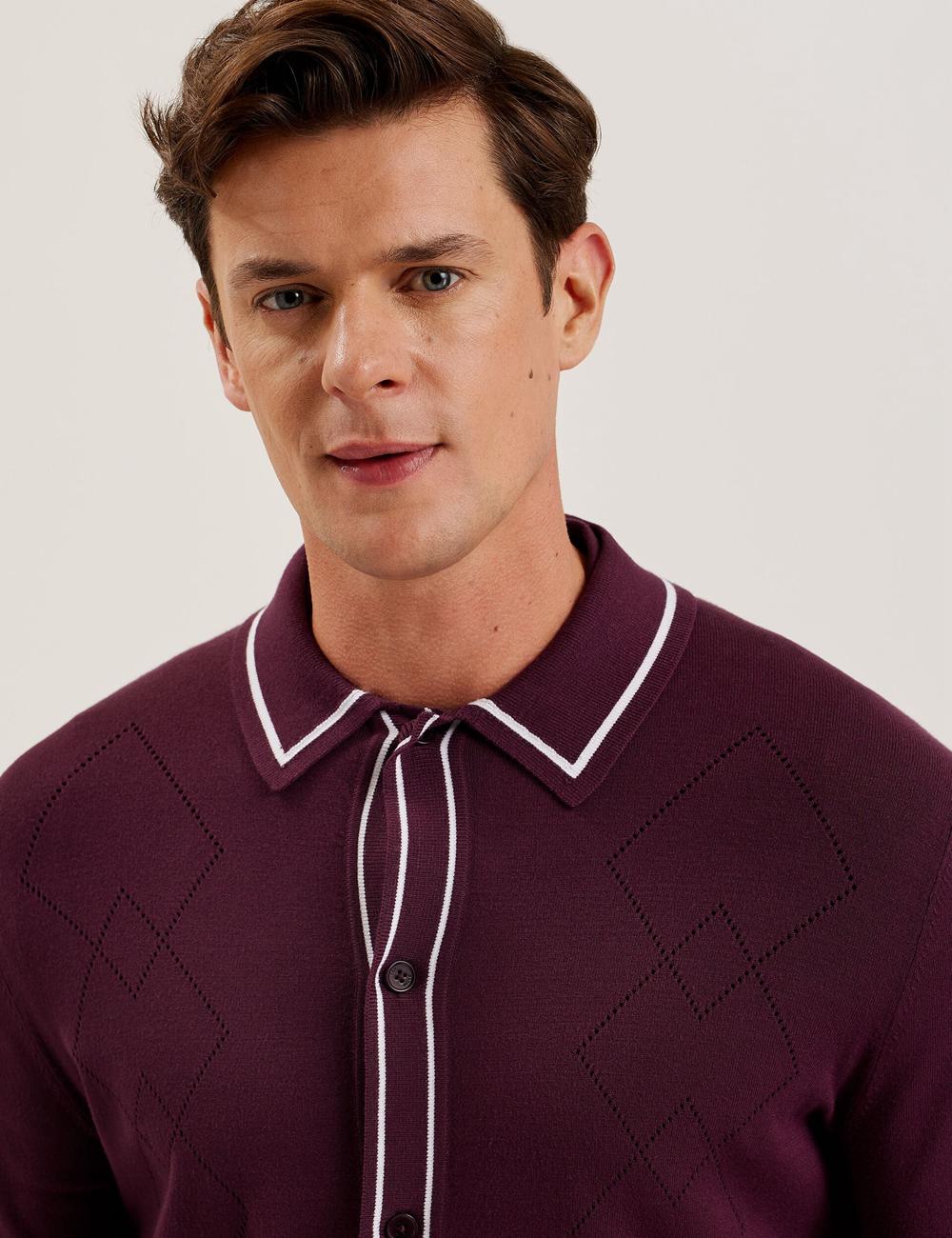 Ted Baker ELMDON - Pointelle Diamond Knitted Long Sleeve シャツ メンズ ボルドー | Japan  ZHND-29301