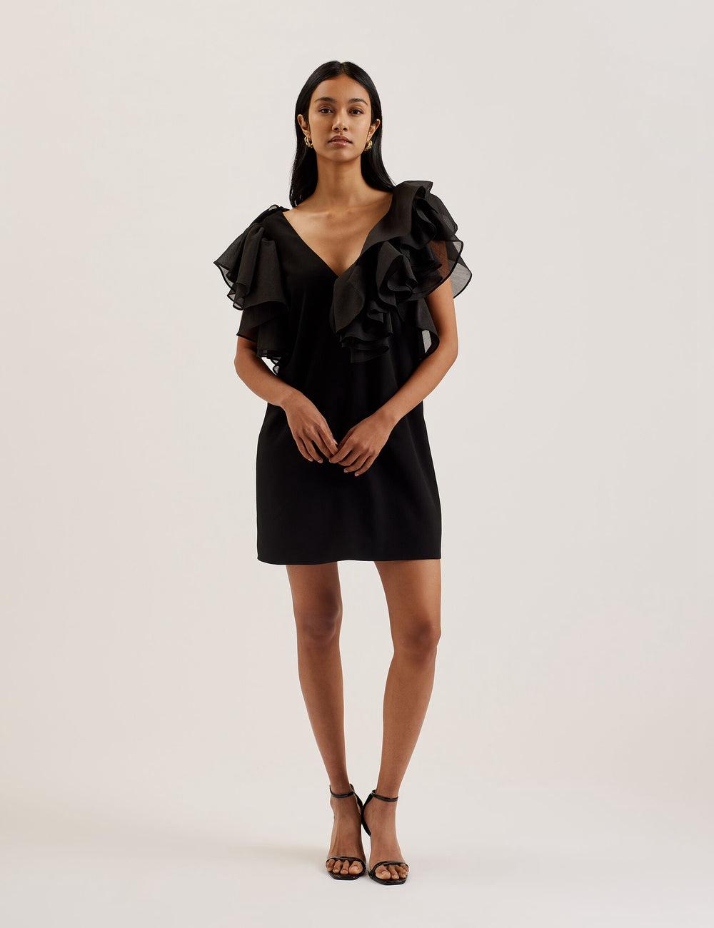 Ted Baker ELQUI - Oversized Ruffle Trim V-Neck ミニドレス レディース 黒 | Japan  BHRI-14835