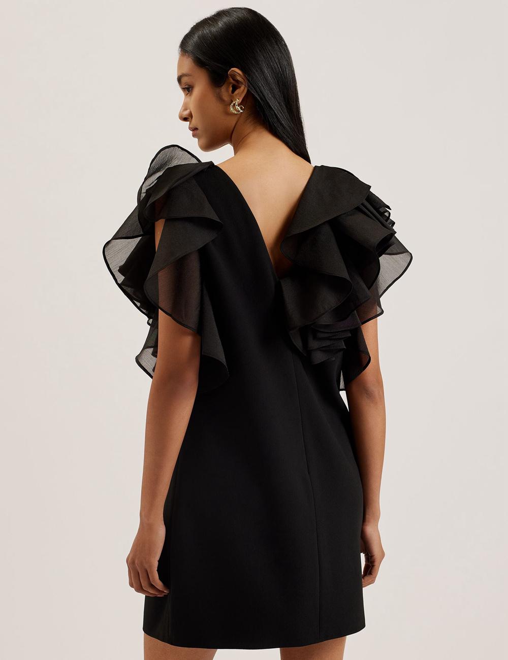 Ted Baker ELQUI - Oversized Ruffle Trim V-Neck ミニドレス レディース 黒 | Japan  BHRI-14835